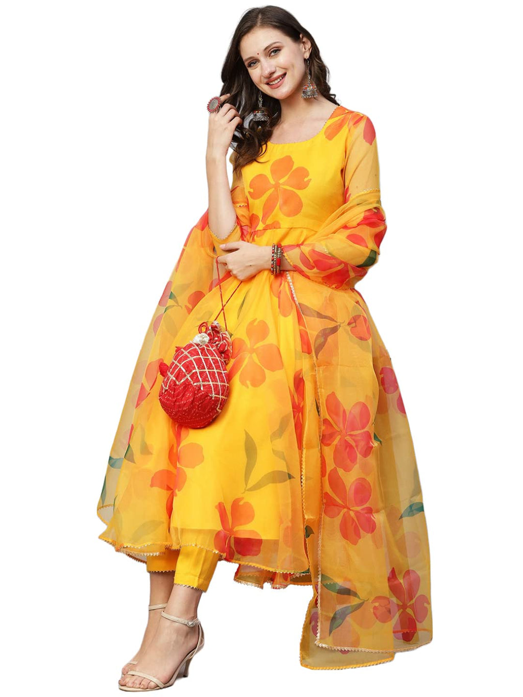 ANNI DESIGNER Women's Organza Anarkali Floral Printed Kurta with Pant & Dupatta (BHUJ-Yellow-NW_XXL_Yellow_XX-Large)