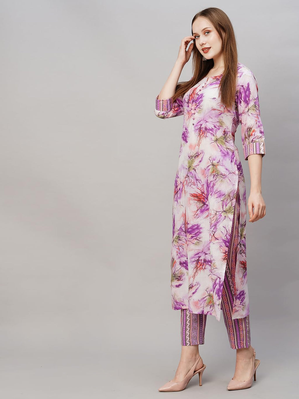 ANNI DESIGNER Womens Cotton Blend Printed Straight Kurta with Pant (PS-Purple_M_Purple_Medium)