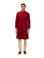 Manyavar Mens Maroon Blended Cotton CHIKANKARI Kurta Pyjama Set