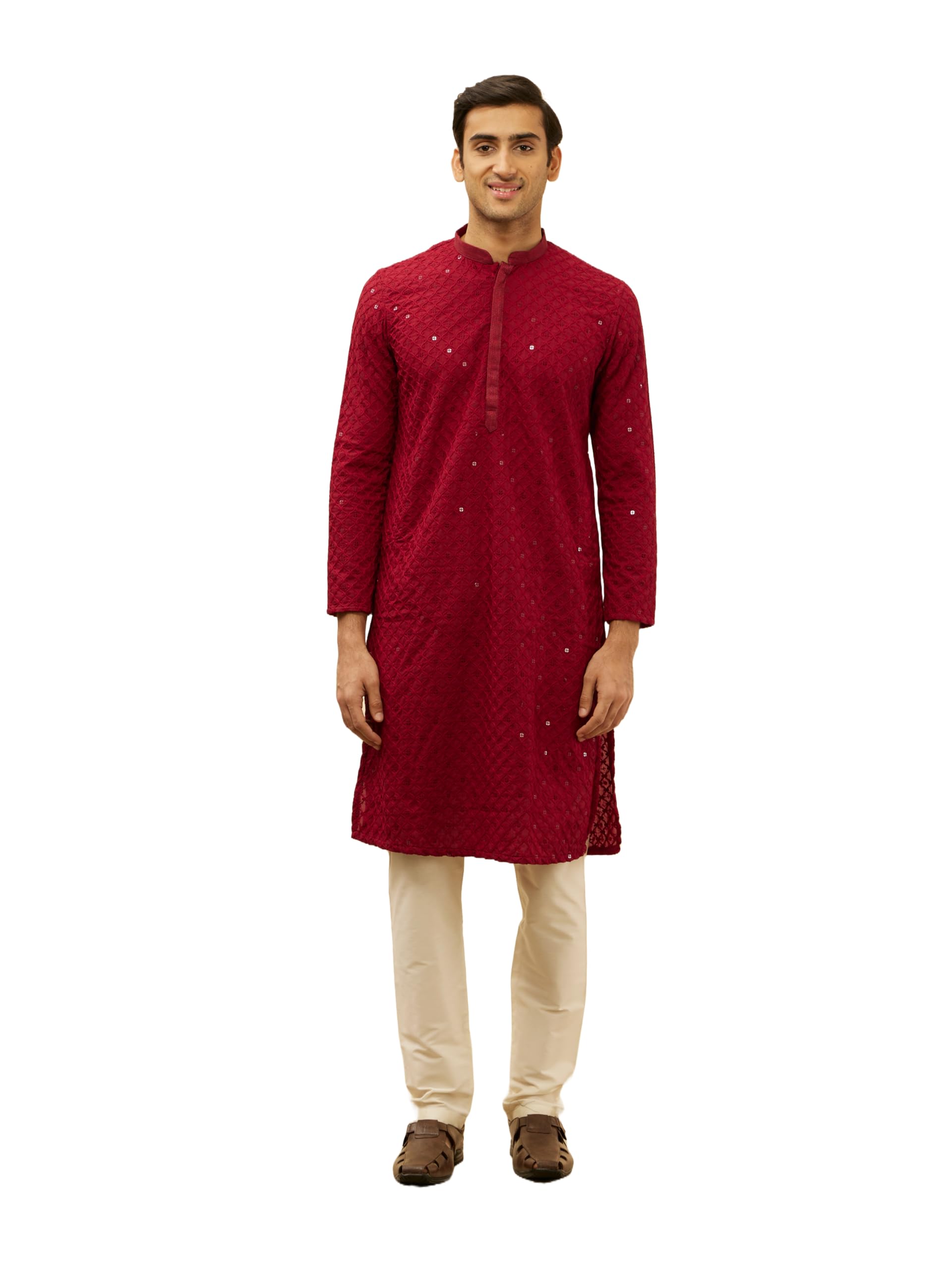 Manyavar Mens Maroon Blended Cotton CHIKANKARI Kurta Pyjama Set
