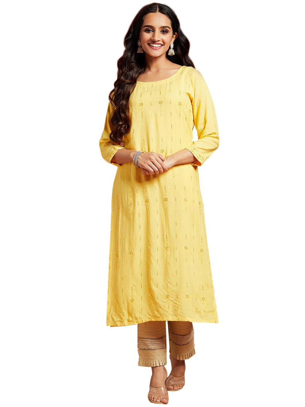 Libas Women'S Rayon Blend Embroidered Straight Kurtas (26749_Yellow