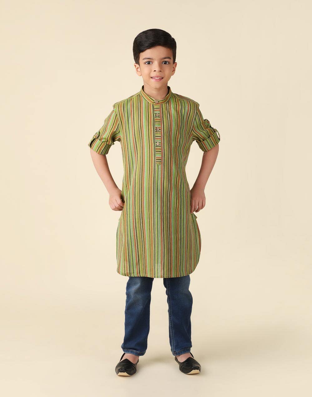 Fabindia Boys Cotton Striped Regular Fit Kurta (1030894OLIVE_Olive