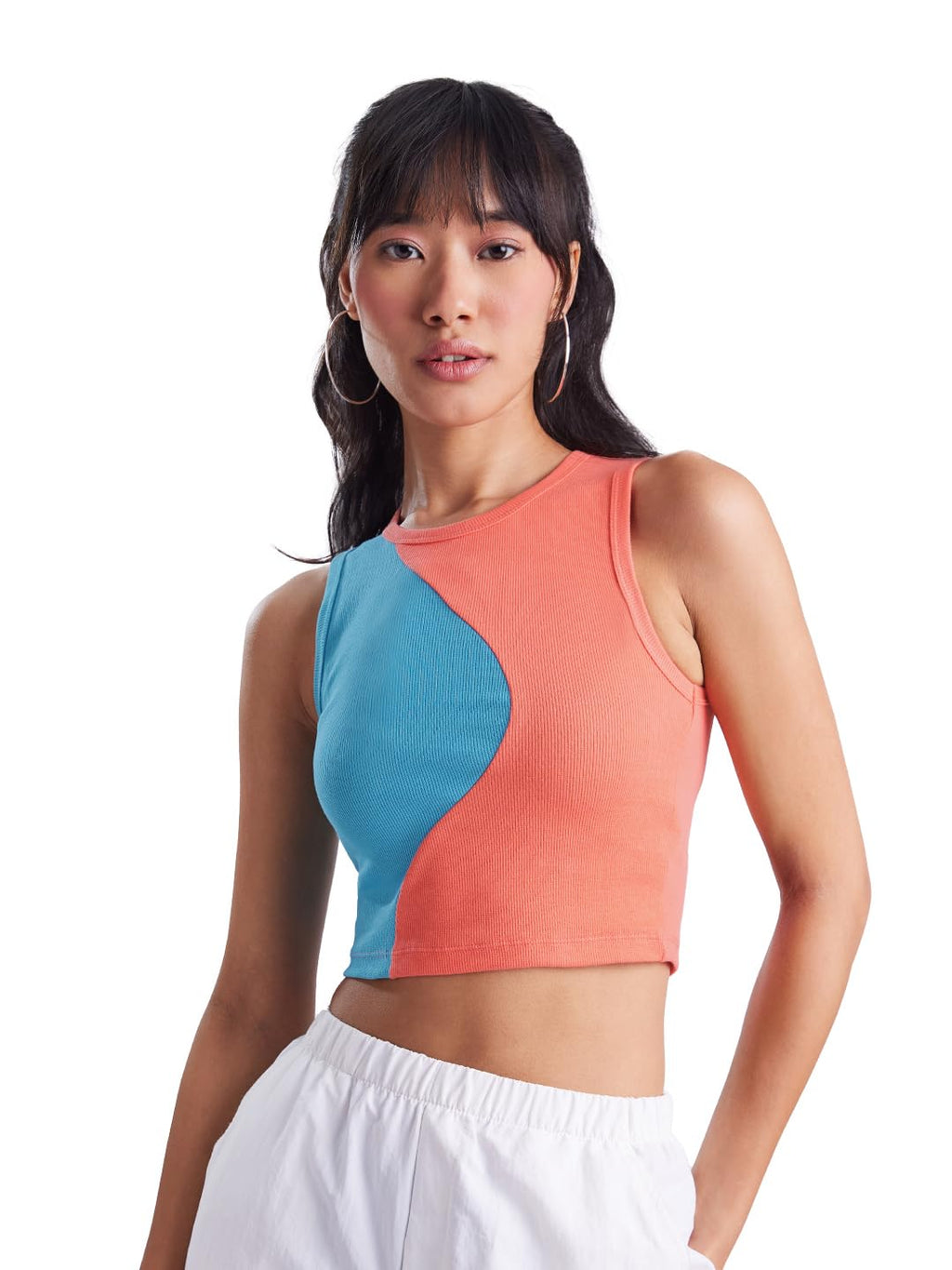 The Souled StoreWomenSolids: Blue, Coral Pink (Colourblock) CottonTank Tops Tank top for Girl Women Comfortable Loose Square Moc