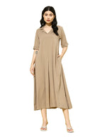 Varanga Women Beige Shirt Collar A-Line Dress  Stylish Calf Length Short Sleeves Dress For Comfortable Everyday Wear, Women Kurt
