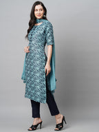 ANNI DESIGNER Womens Banarasi Silk Straight Printed Kurta with Pant & Dupatta (Banarsi-Blue_XXL-an_Blue_XX-Large)