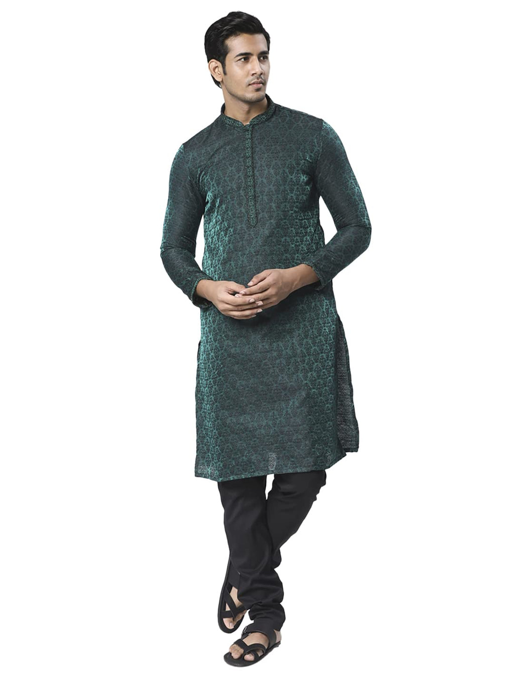 Manyavar MenS Kurta Set, Art Silk Mandarin Collar Full Sleeve Kurte Set For Men Green (Small)