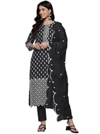 Varanga Women Black Printed Shiffly Work Kurta With Bottom And Dupatta