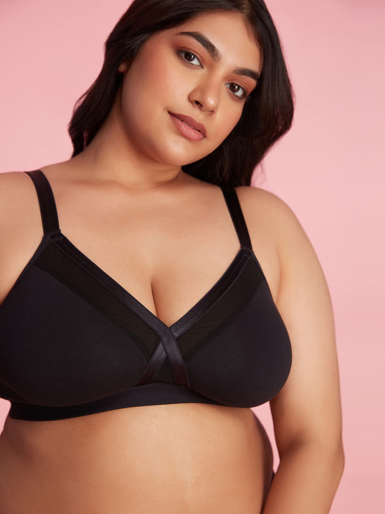 NYKD Womens X-Frame Laced Everyday Cotton Bra with Wide Bottom Band for Extra Support, Shape & Comfort | Non Padded | Wirefree |