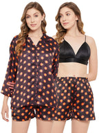 Clovia Womens Satin Emoji Print 3 Piece Nightwear Set (LS0666P13_Black_XXL)