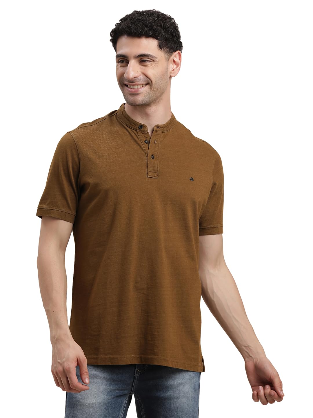 Turtle Men Cotton Stretch Brown Solid Henley Neck T-Shirt