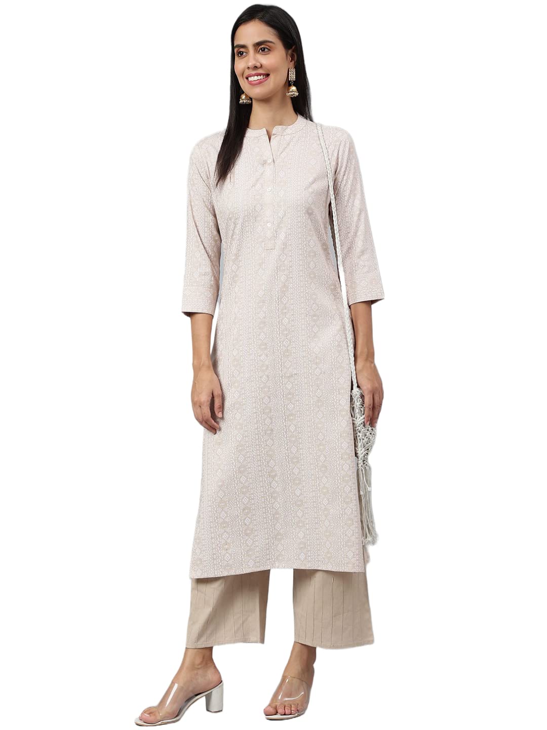ANNI DESIGNER Women's Cotton Blend Straight Printed Kurta (Sufa_Cream_M_Cream_Medium)