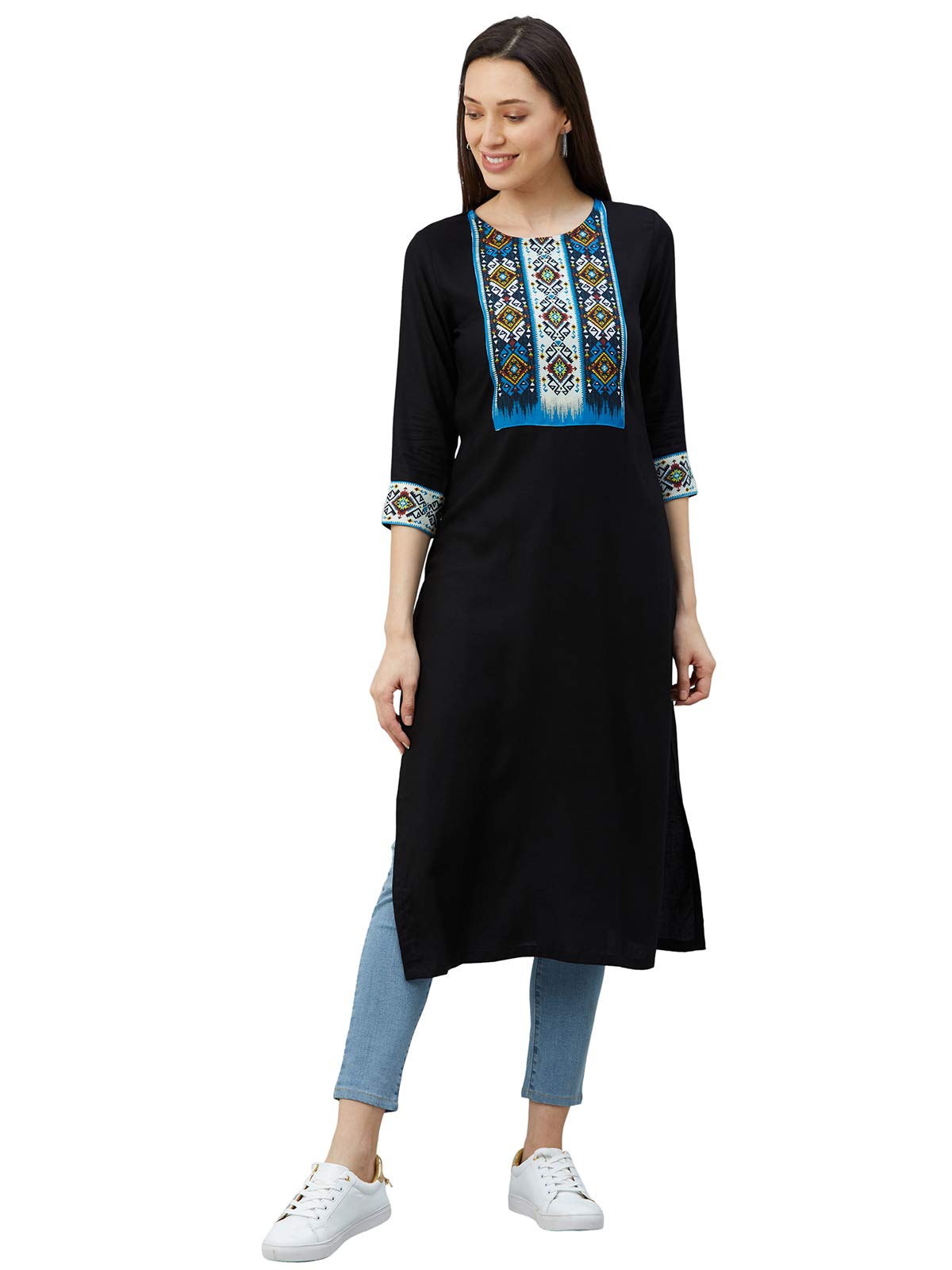 Sanisa Women'S Cotton Digital Print, Foil Print, Laced Kurta