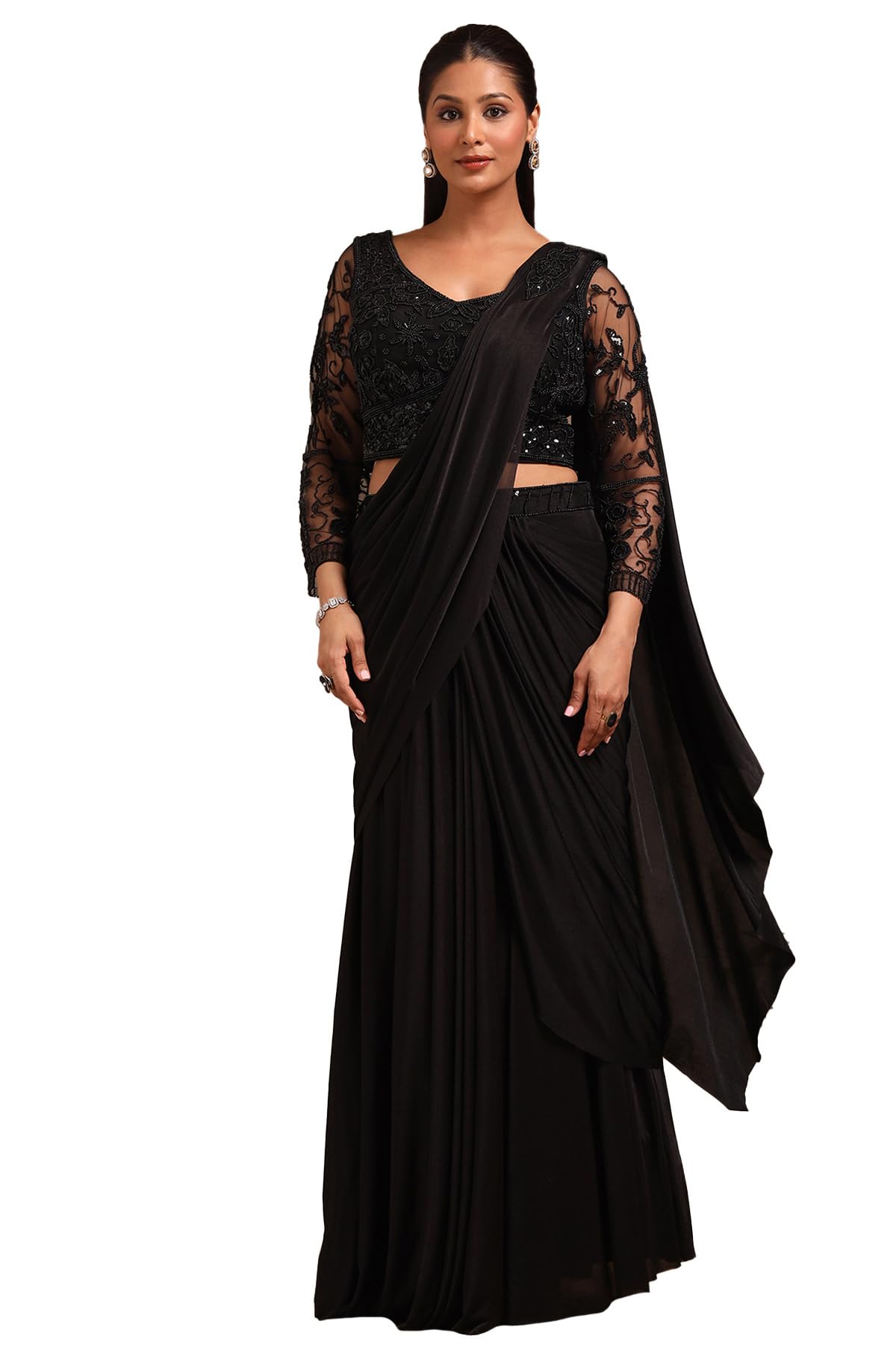 Soch Women Nylon Blend Solid Ready-to-Wear Saree with Sequins