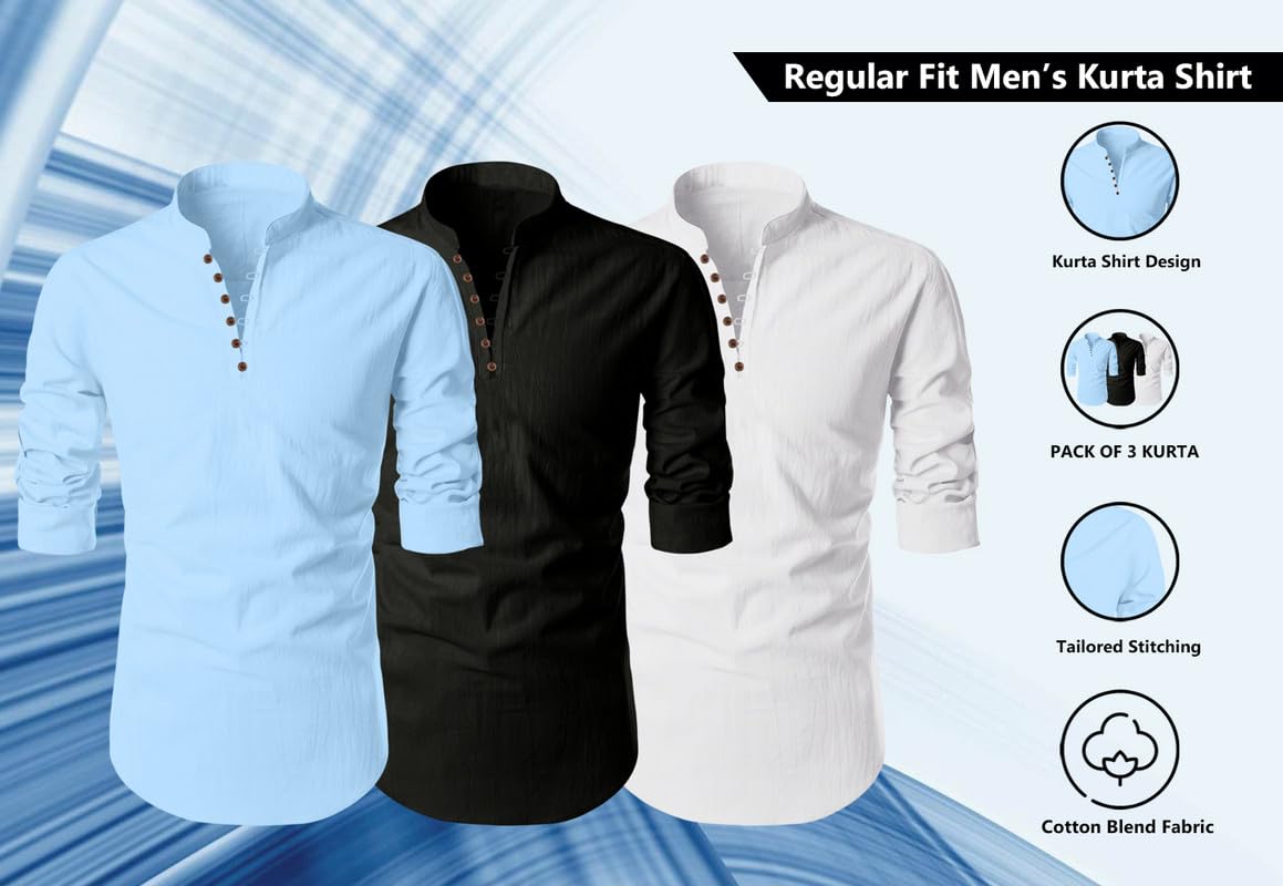 Finivo Fashion MenS Cotton Blend Regular Fit Solid Casual Kurta Shirt Pack Of 3