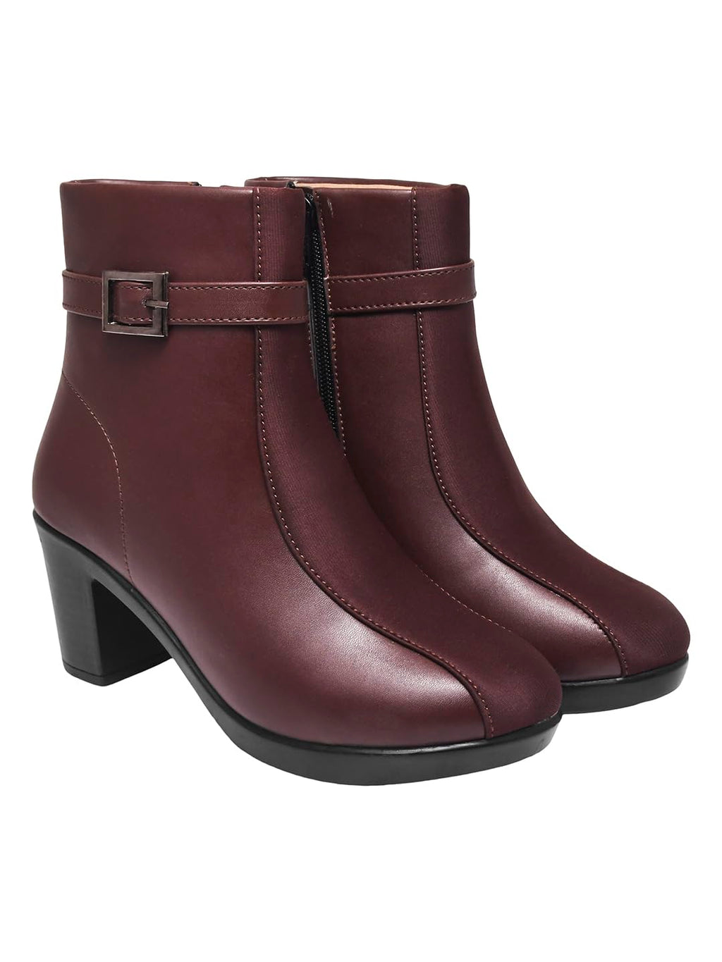 WomenS Brown Faux Leather Ankle Boots With Mid Heel And Buckle Strap  Side Zipper Comfort Booties For Fall & Winter Eu39