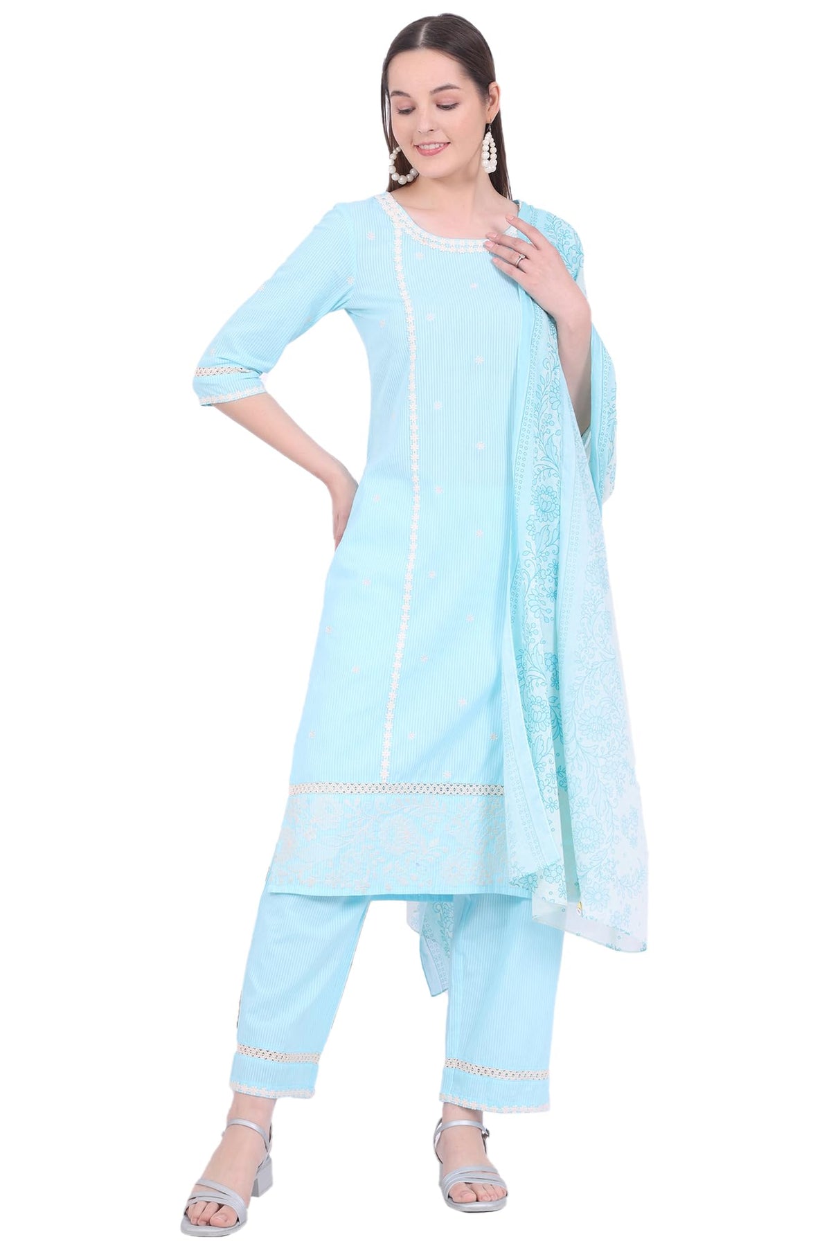 Aurelia Womens Blue Embroidered Pure Cotton Straight Kurta with Palazzos & Dupatta Set (Size: S)-AS15787-E608297