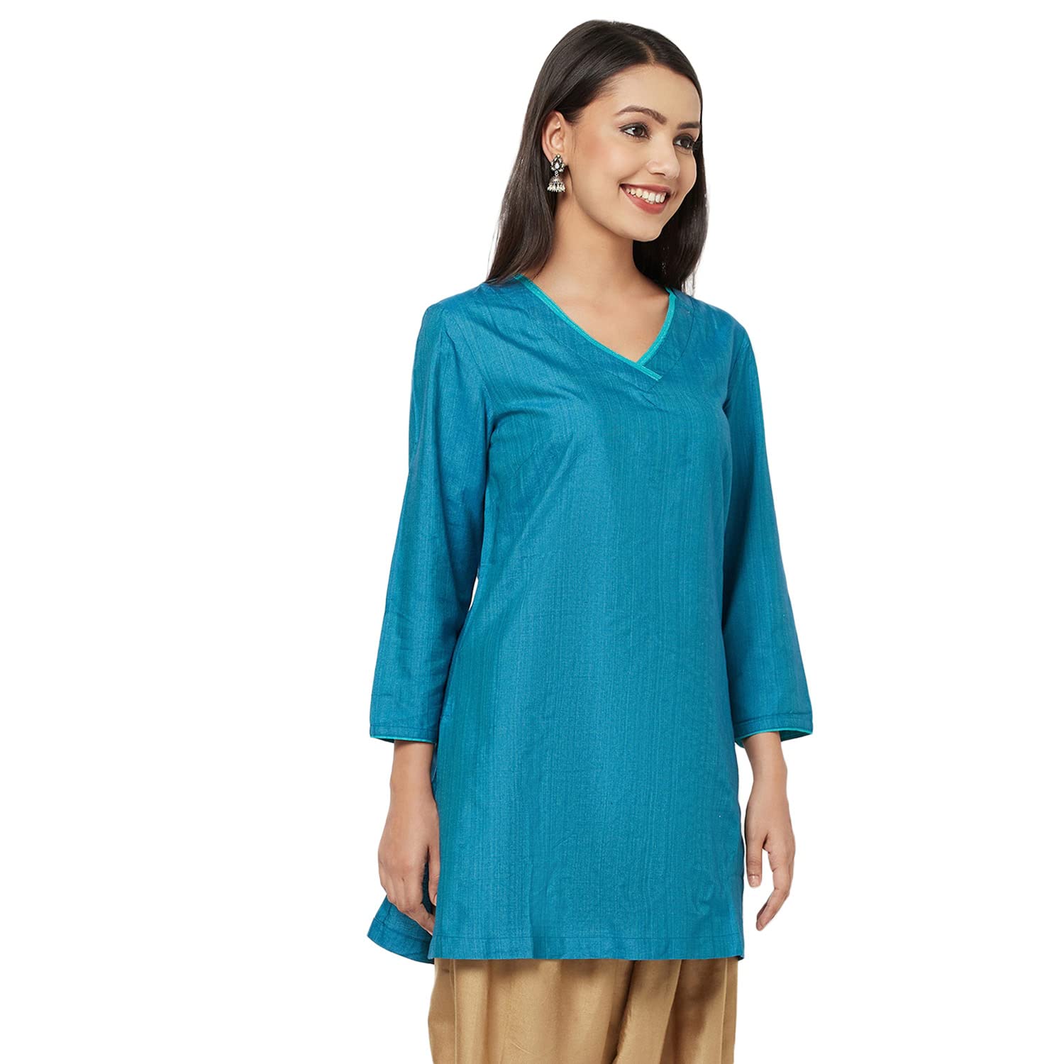 Fabindia Viscose Tussar Zari Stitch Tunic (Teal-10696929)