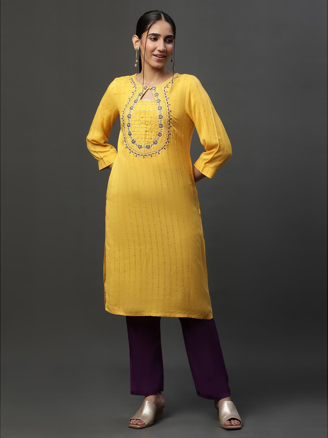 Aurelia WomenS Viscose Regular Kurta (23Aua14541-704652_Yellow