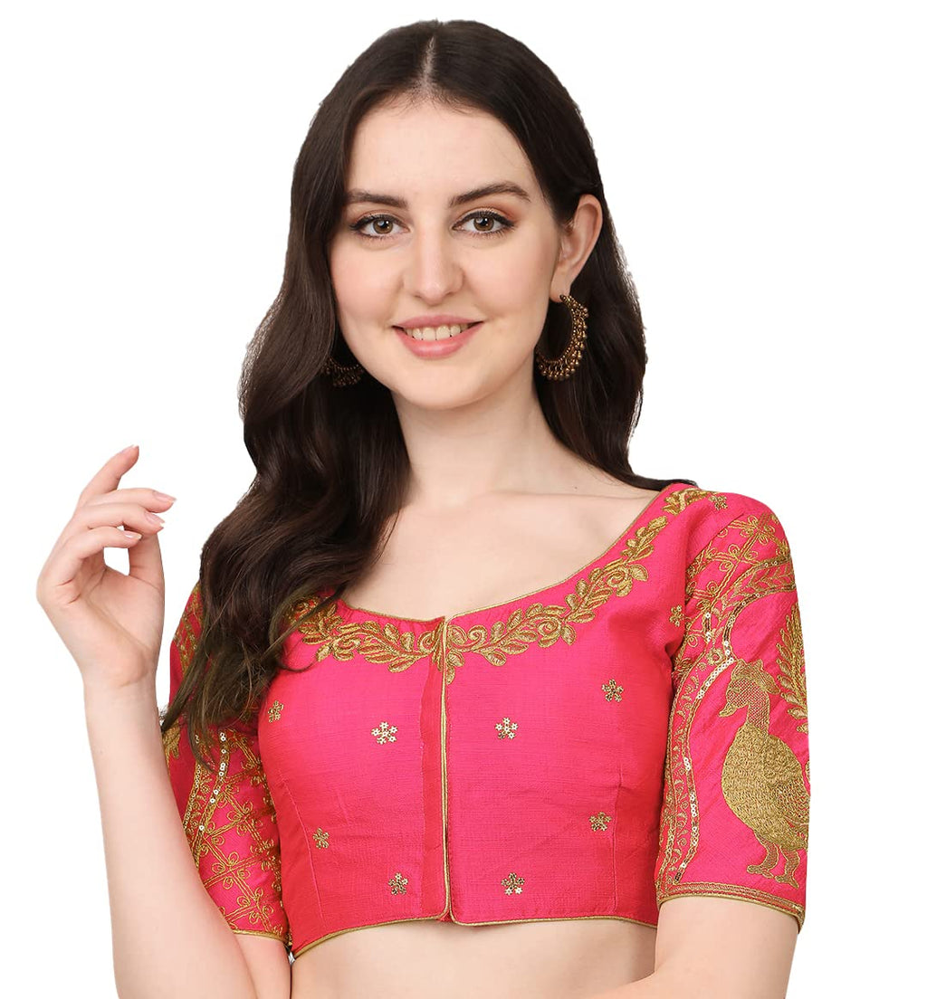 Pujia Mills Womens Embroidery Handwork & Sequin Work Peacock Design Half Sleeve Readymade Blouse (Mor Blouse_Gold_38 Size+Margi