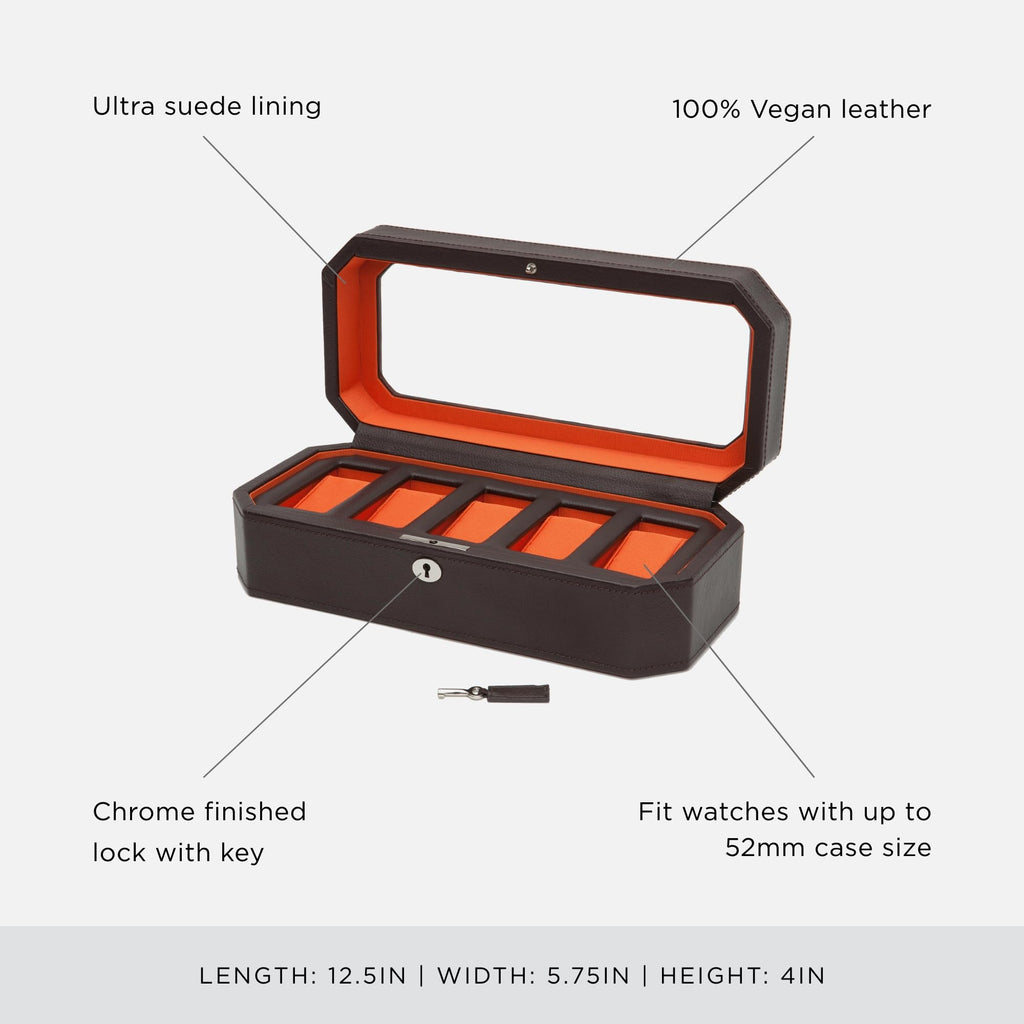 WOLF Windsor 5-Piece Watch Box, Brown/Orange - Features Five Watch Compartments & Vegan Leather Exterior