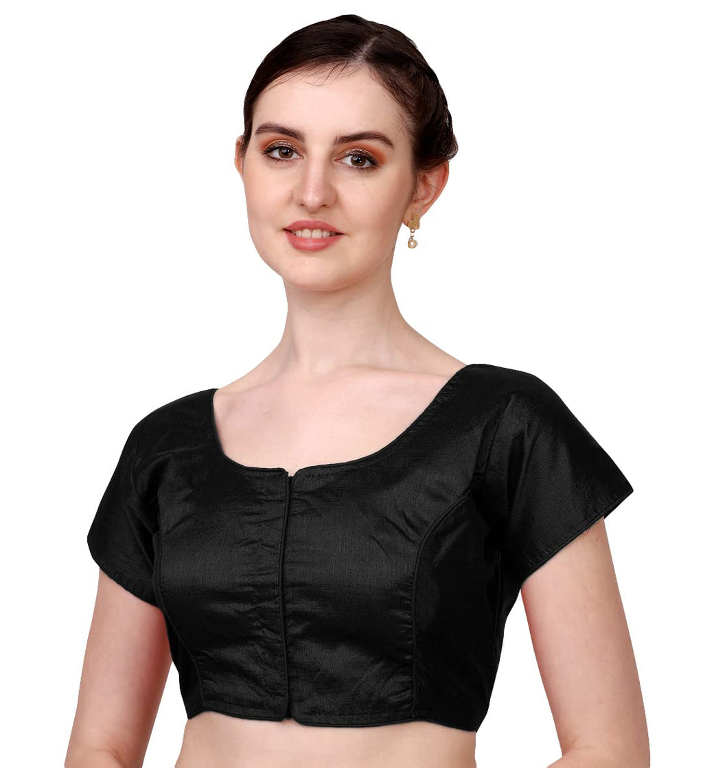 Pujia Mills Womens Silk Solid Short Sleeve Blouse (kajal 3 Blouse_Black_38)