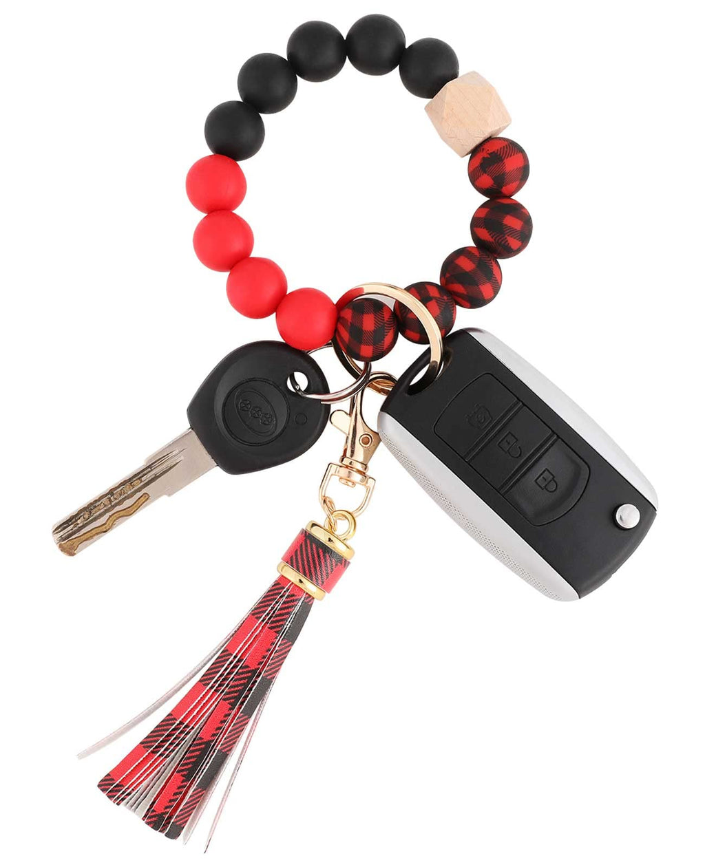 BAOSIWA Silicone Beaded Bracelet Keychain Red and Black Plaid Wristlet Key Ring Bangle Chains Christmas Gifts for Women Girls wi