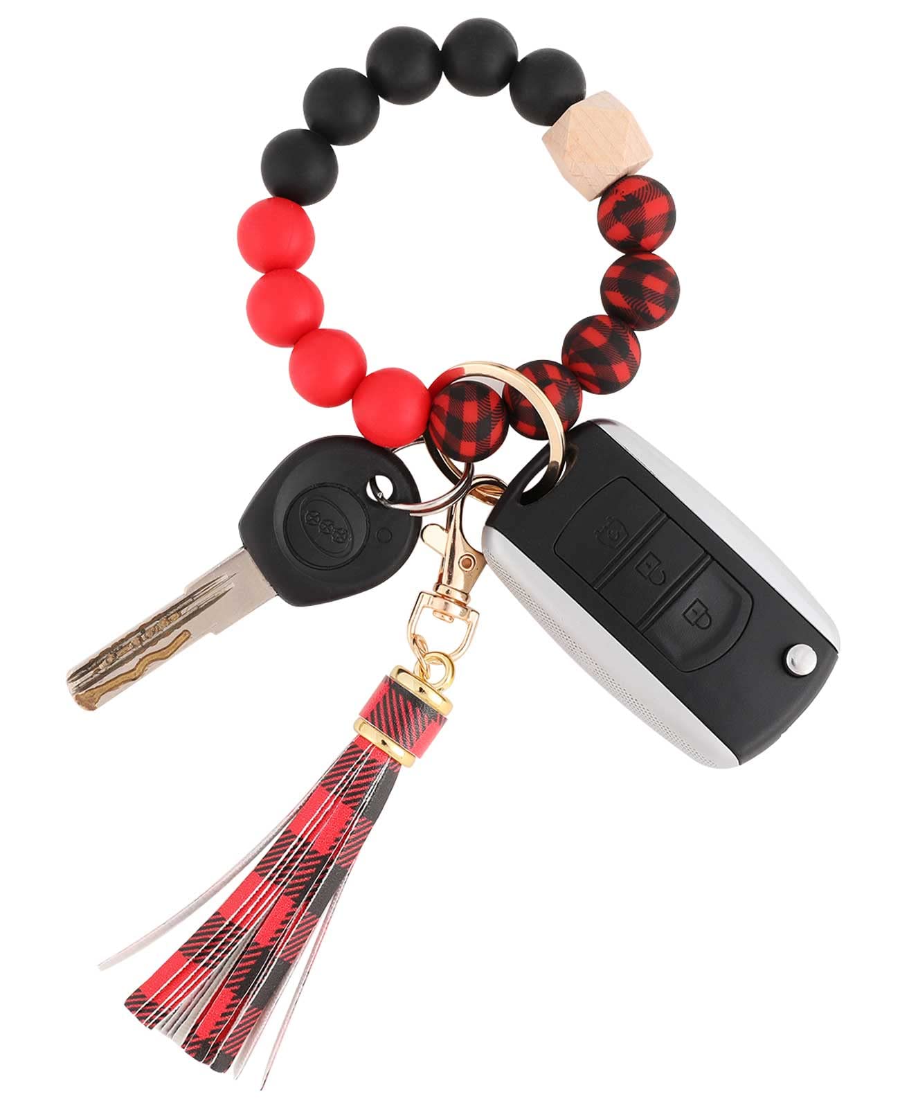 BAOSIWA Silicone Beaded Bracelet Keychain Red and Black Plaid Wristlet Key Ring Bangle Chains Christmas Gifts for Women Girls wi