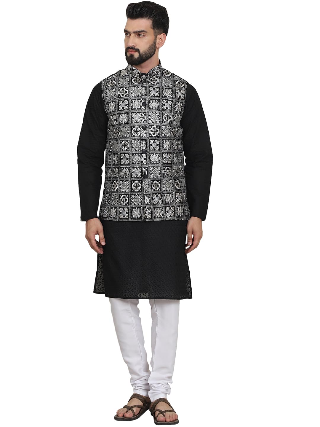 SOJANYA (Since 1958 Mens Cotton Chikankari Black Kurta and White Pyjama with Embroidered Black Nehru Jacket