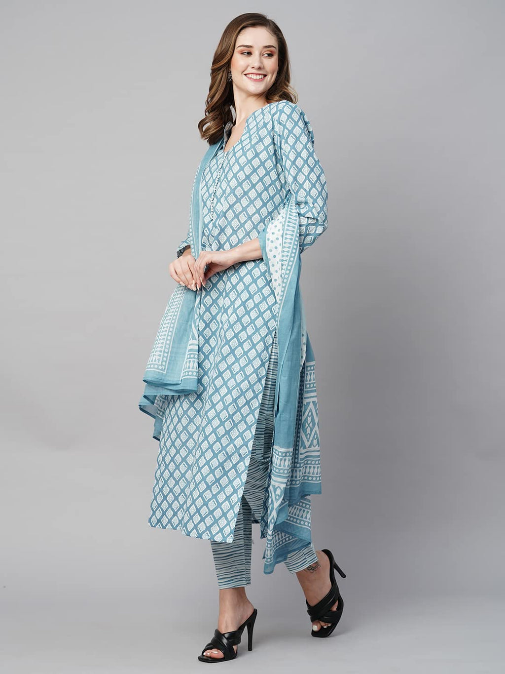 ANNI DESIGNER Women s Cotton Blend Kurta Set, Blue, XL