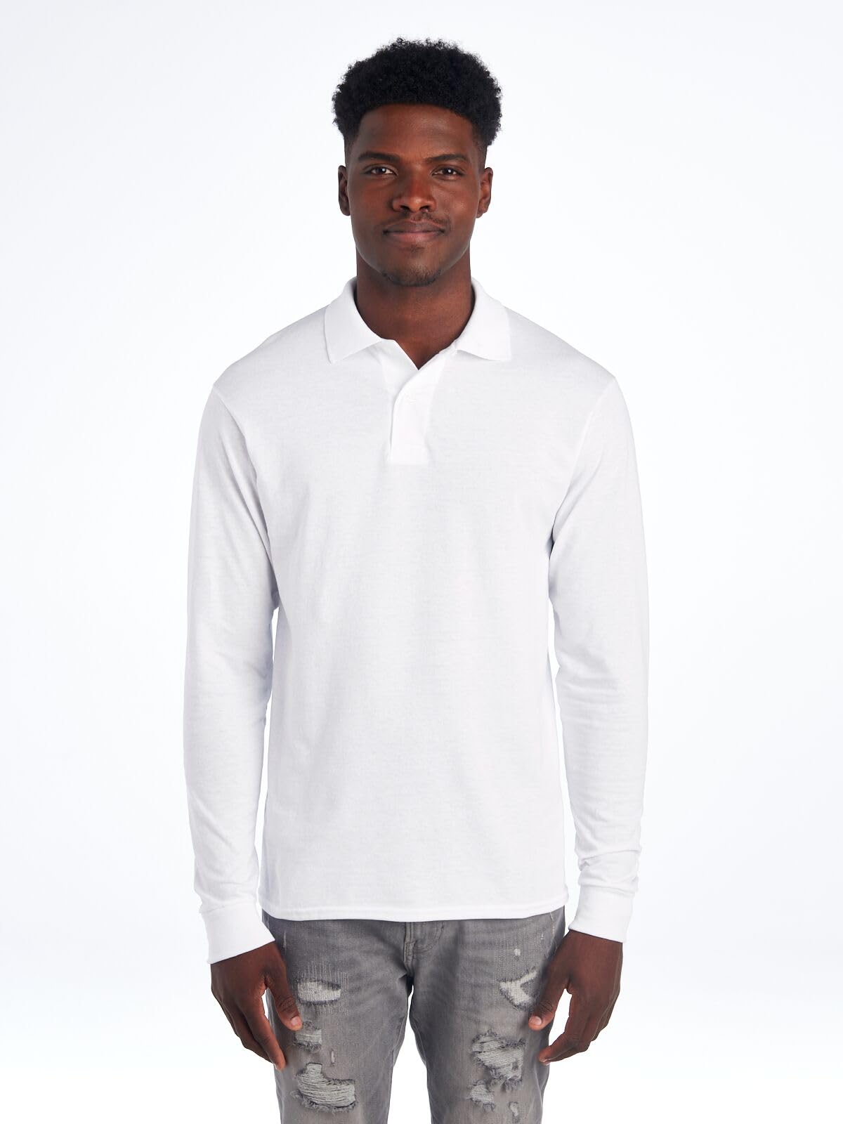 Jerzees Mens SpotShield Stain Resistant Polo Shirts (Short & Long, Long Sleeve-White, XX-Large