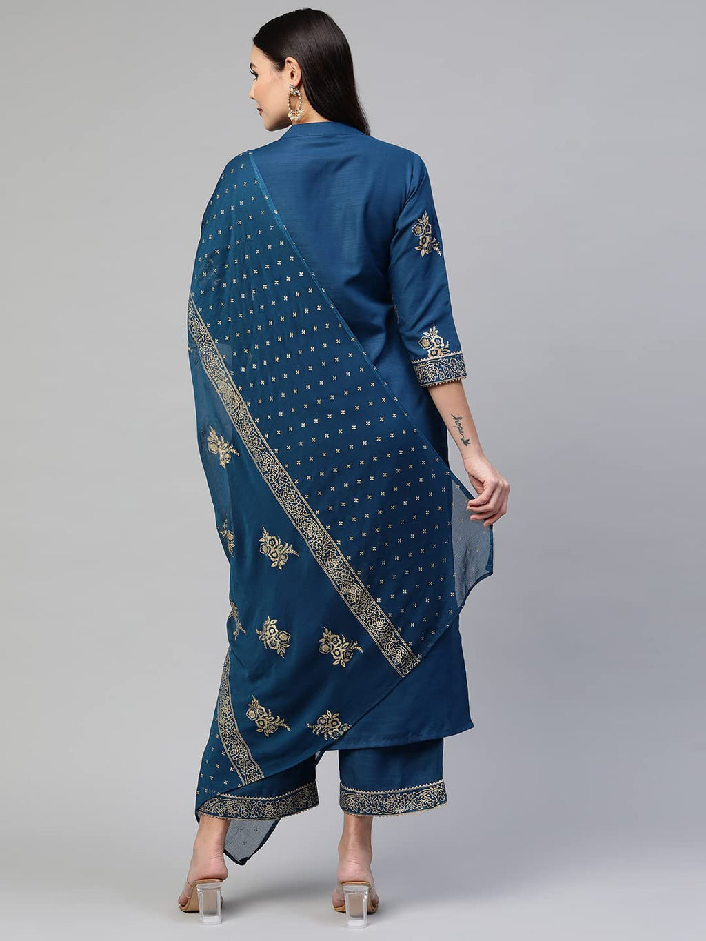 Gosriki Women'S Cotton Blend Straight Embellished Kurta With Palazzo & Dupatta (Farida-Go)