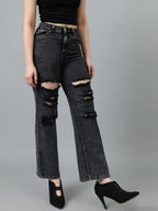Kotty Women High Rise Cotton Lycra Distressed Jeans Onyx Black