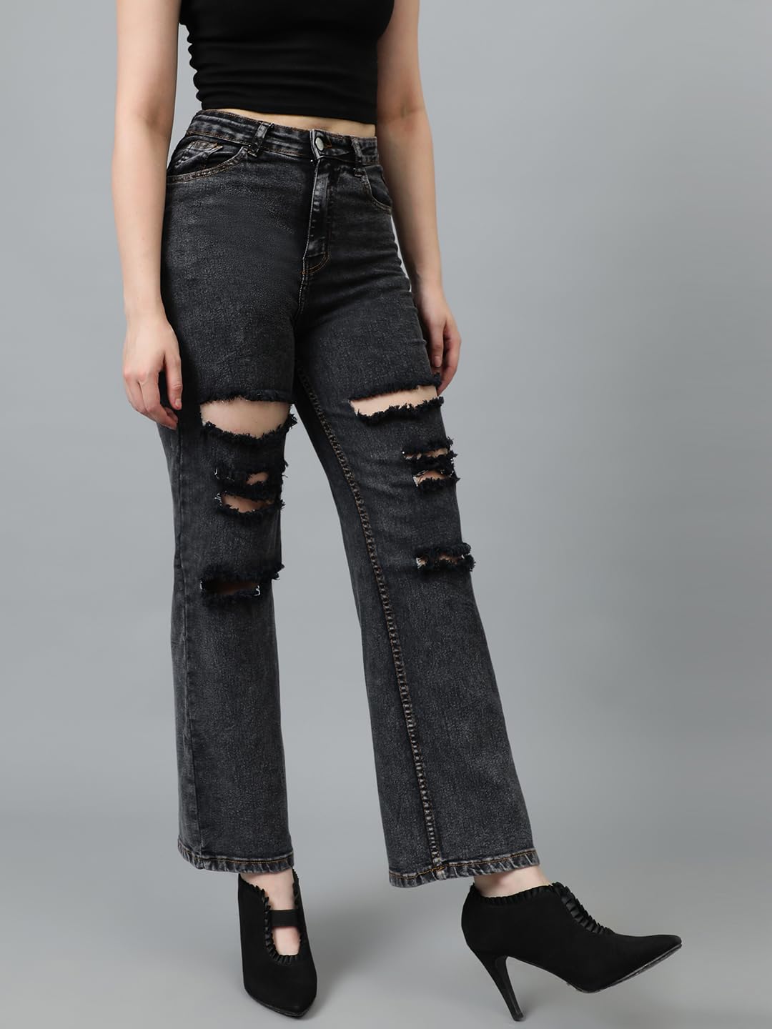 Kotty Women High Rise Cotton Lycra Distressed Jeans Onyx Black