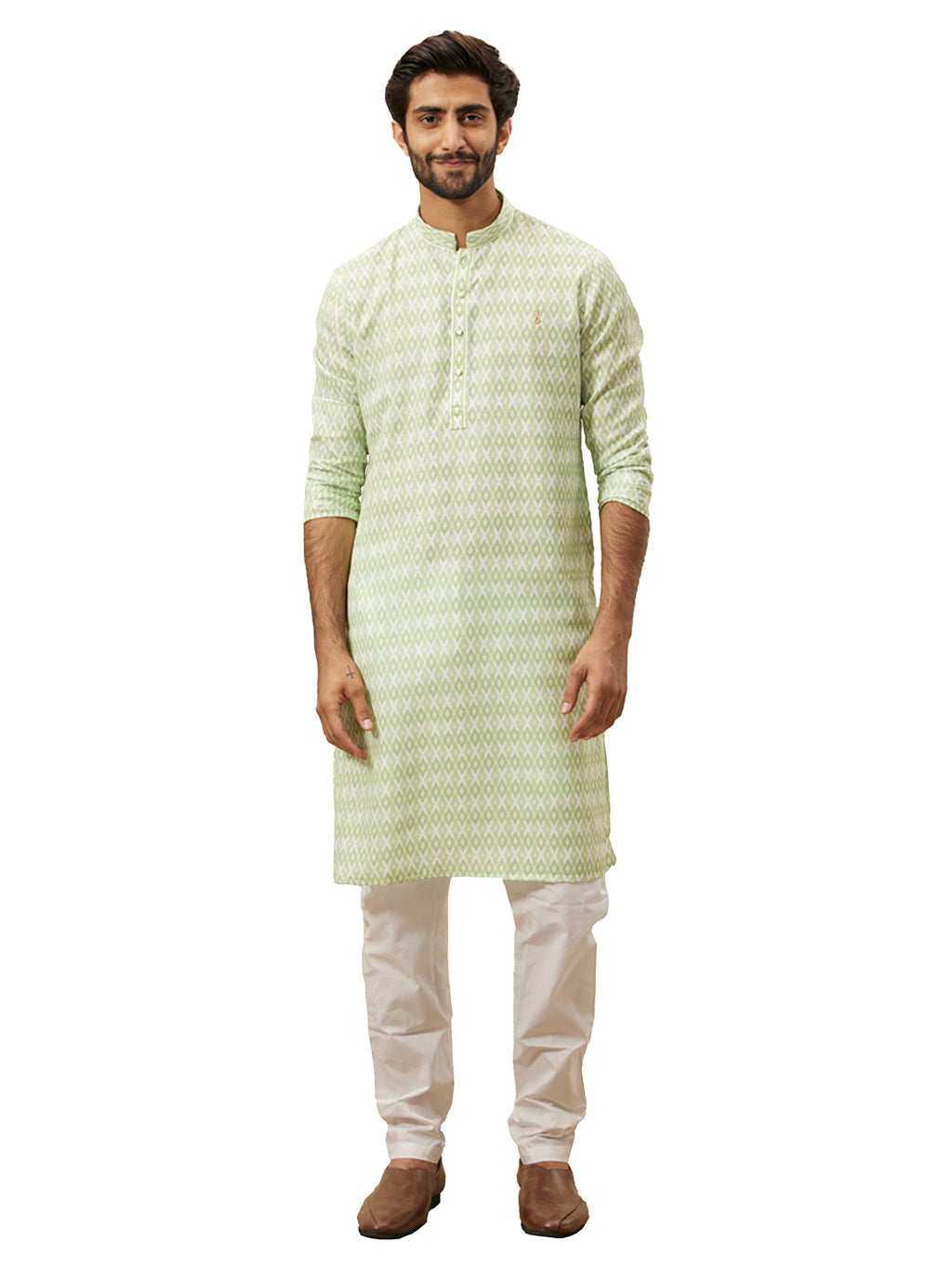 Manyavar Green Blended Viscose Self Design Full Sleeves Kurta
