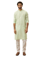 Manyavar Green Blended Viscose Self Design Full Sleeves Kurta