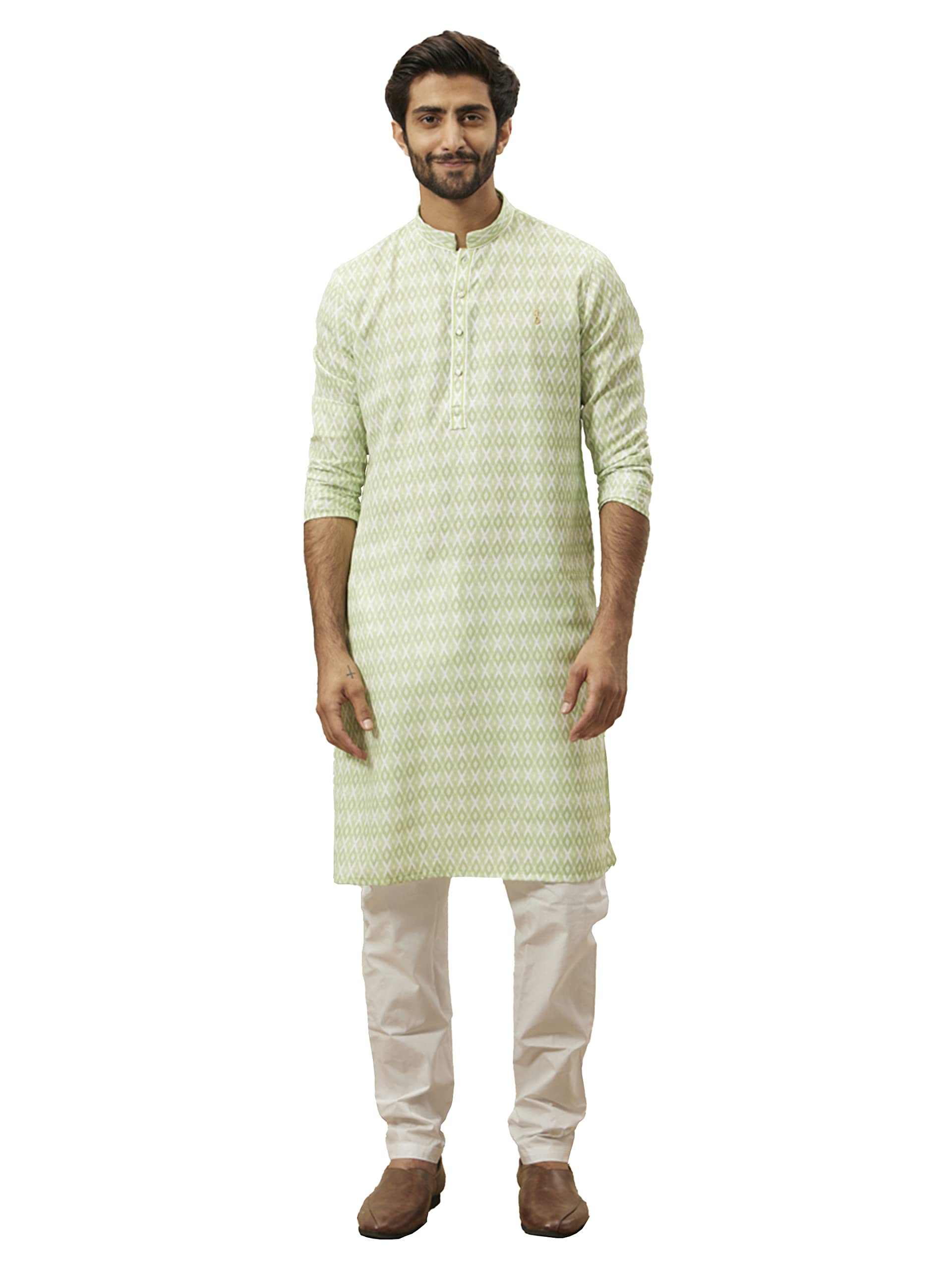 Manyavar Green Blended Viscose Self Design Full Sleeves Kurta
