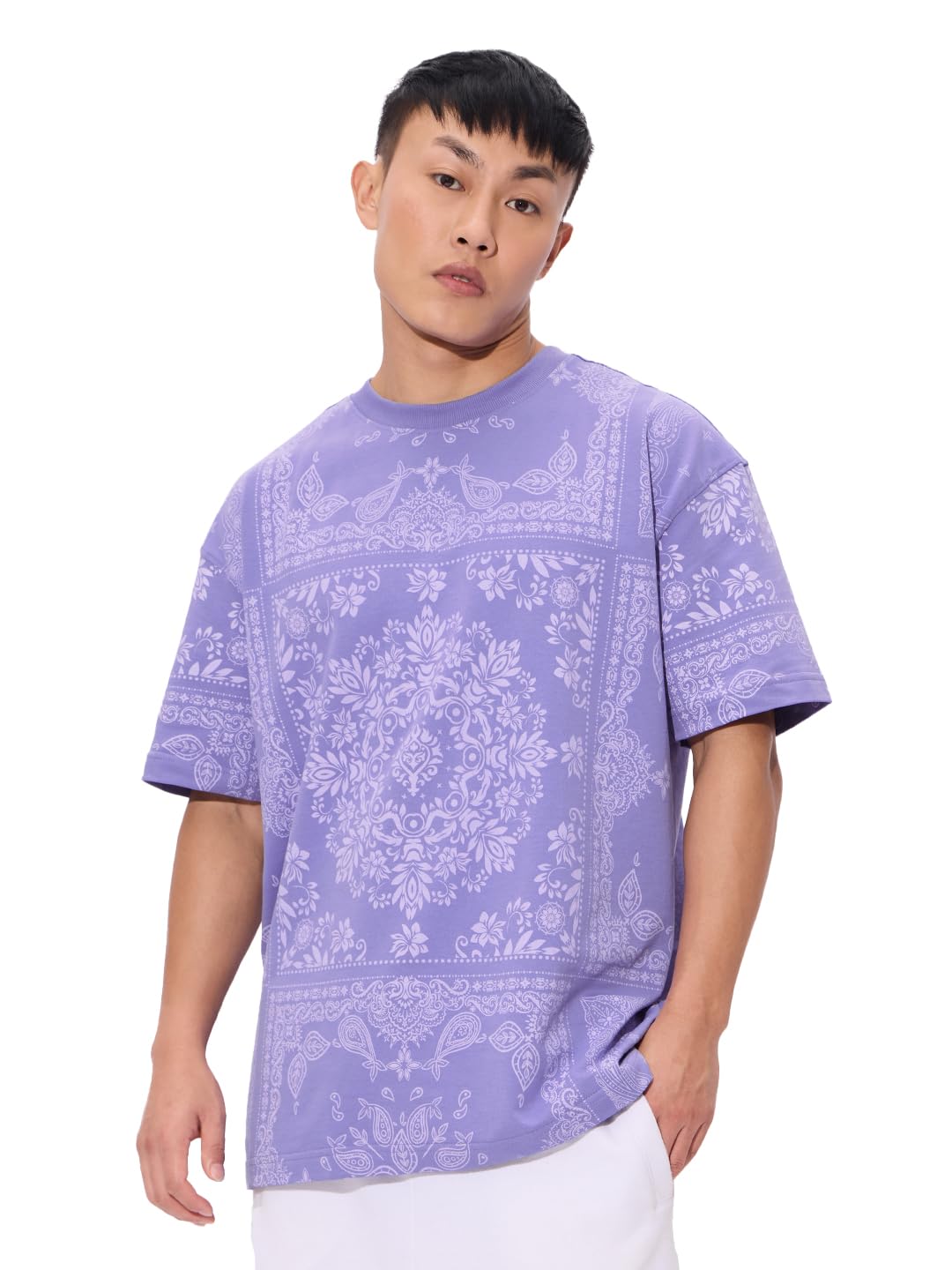 The Souled Store Indie Blue Men and Boys Short Sleeves Round Neck Blue Paisley All Over Printed Cotton Oversized T-Shirts