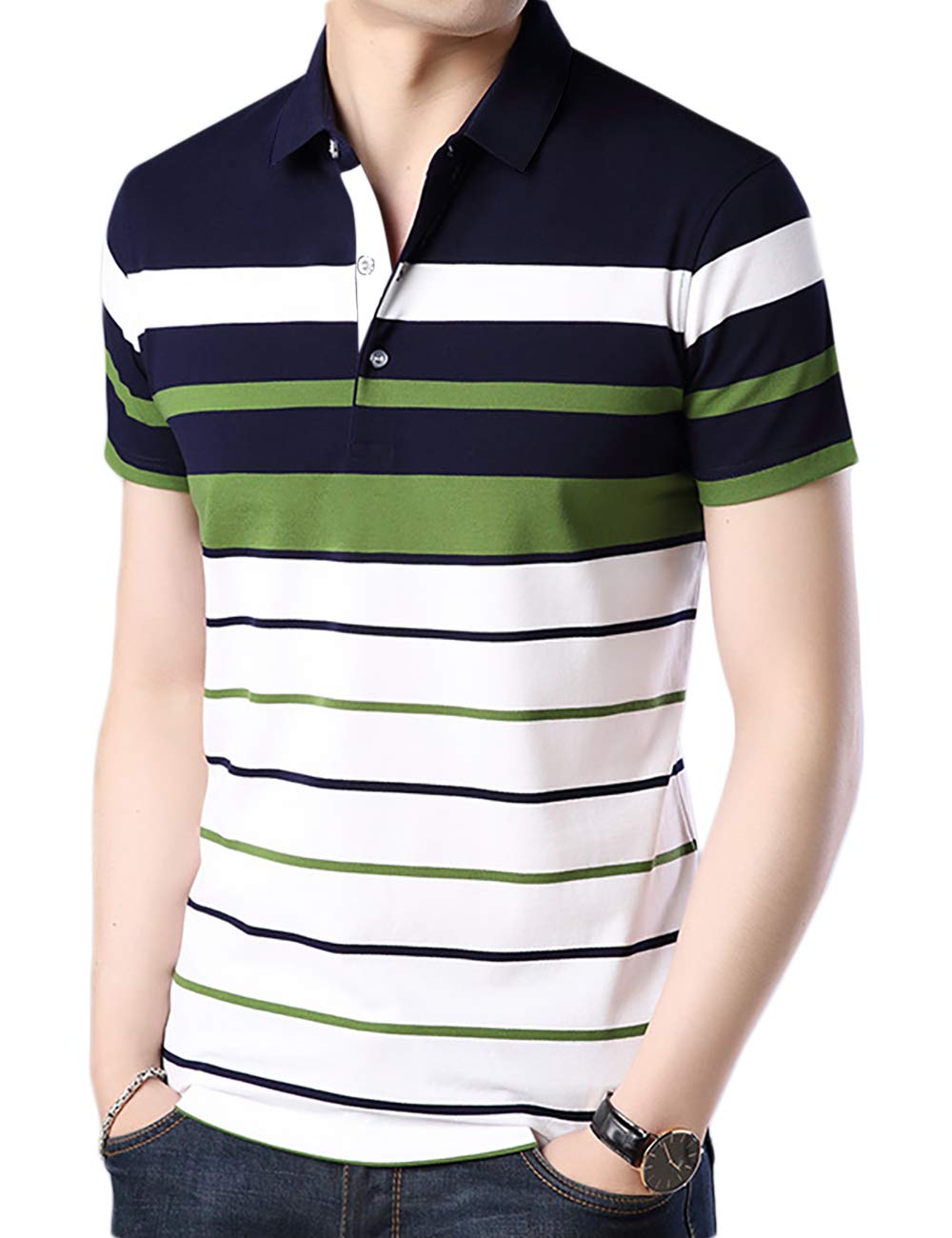 Eyebogler Mens Cotton Blend Casual Polo Neck Half Sleeve Regular Fit Striped Printed Tshirt,Men Best Tshirt, Polo Styles