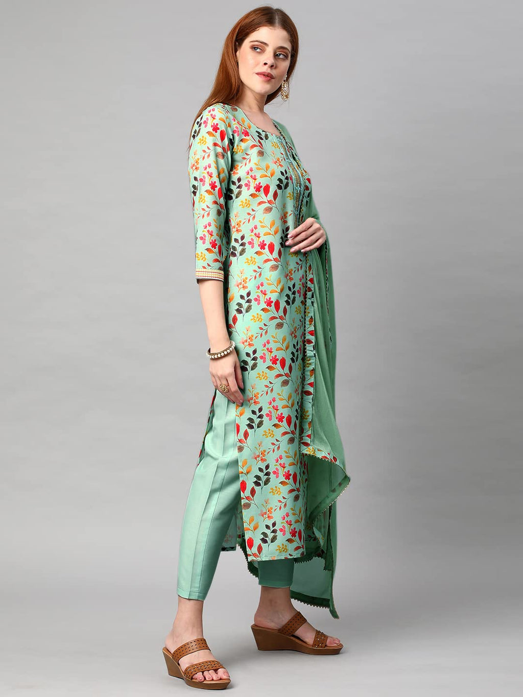 ANNI DESIGNER Womens Rayon Blend Straight Printed Kurta with Pant & Dupatta (KALEPING-Pista_XL_Green_X-Large)