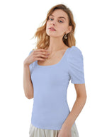 Shasmi Womens Sky Blue Pleated High Neck Short Puff Sleeve Ruched Bust Solid Tops for Women/Tops for Girls (Shree Top 22 Sky Bl