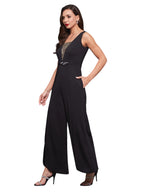 Miss Chase Womens Black Square Neck Sleeveless Embellished Layered Regular-Length Polyester Jumpsuit (MCSS25D93-84-328-03, Ink 