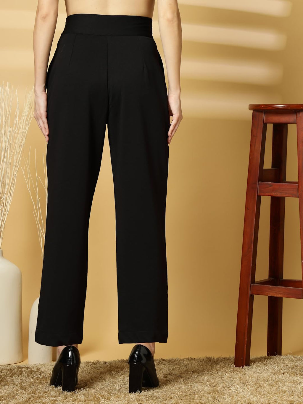Womens Wide Leg Pants | Solid Black Stretchable Polyester Trousers | Stylish Korean Clothing | Flared, Straight Fit, Baggy, and