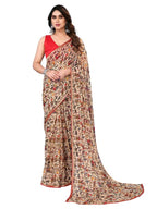 Satrani Womens Chiffon Kalamkari Printed & Lace Saree with Unstitched Blouse Piece (3296S577NA_Beige & Multi3)