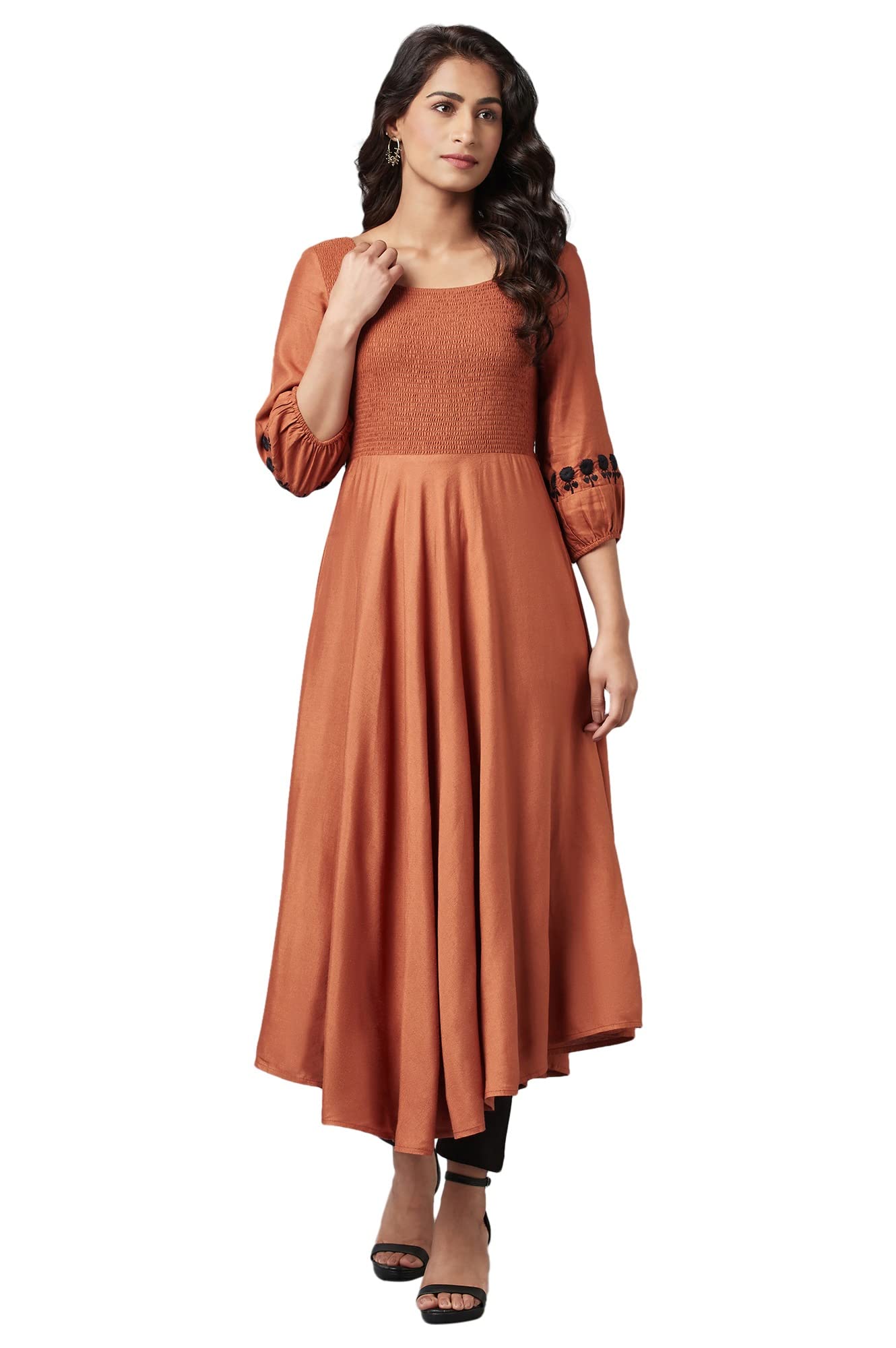 W Brown Rayon Blend Embroidered A-Line Kurta for Women
