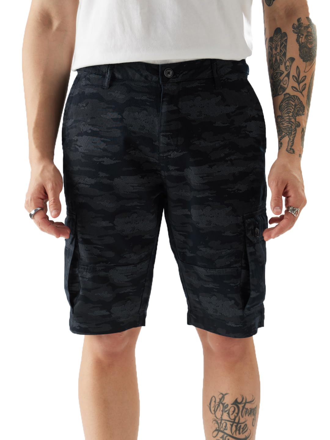 The Souled Store Navy Camo Men Regular Fit Cotton Cargo Shorts