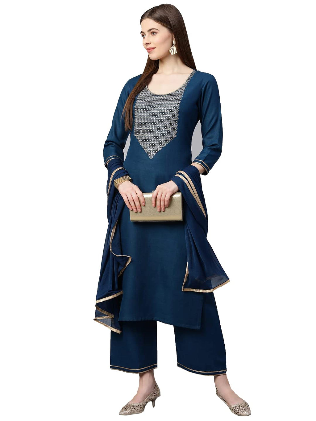 Gosriki Women'S Ruby Cotton Solid Straight Kurti With Palazzos & Dupatta Set (Label-Gs) Blue