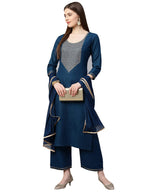Gosriki Women'S Ruby Cotton Solid Straight Kurti With Palazzos & Dupatta Set (Label-Gs) Blue