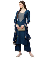 ANNI DESIGNER Womens Ruby Cotton Solid Straight Kurti with Palazzos & Dupatta Set (Label Cerosin_S_Blue_Small)