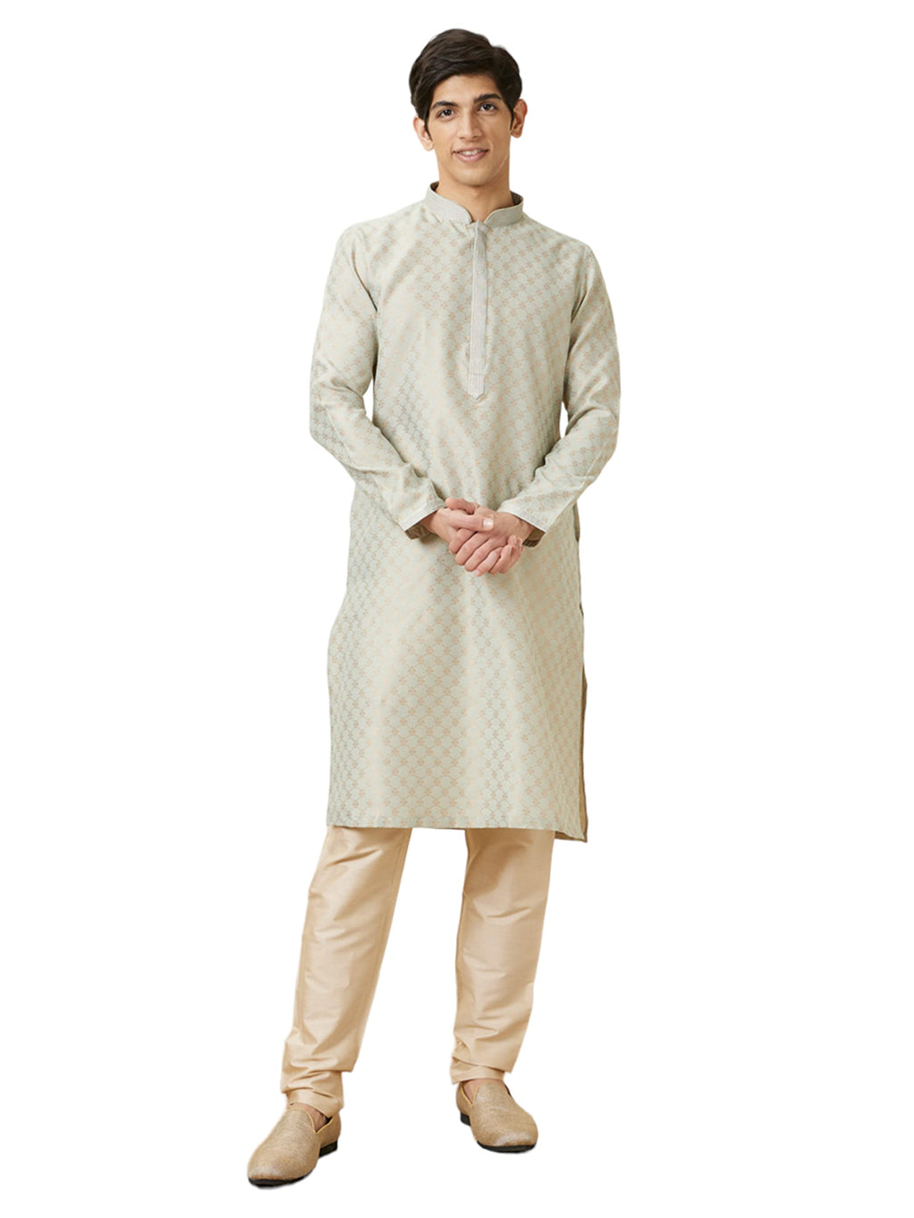 Manyavar Mens Art Silk Self Design Full Sleeves Knee Length Kurta Set (Pista, XXL)