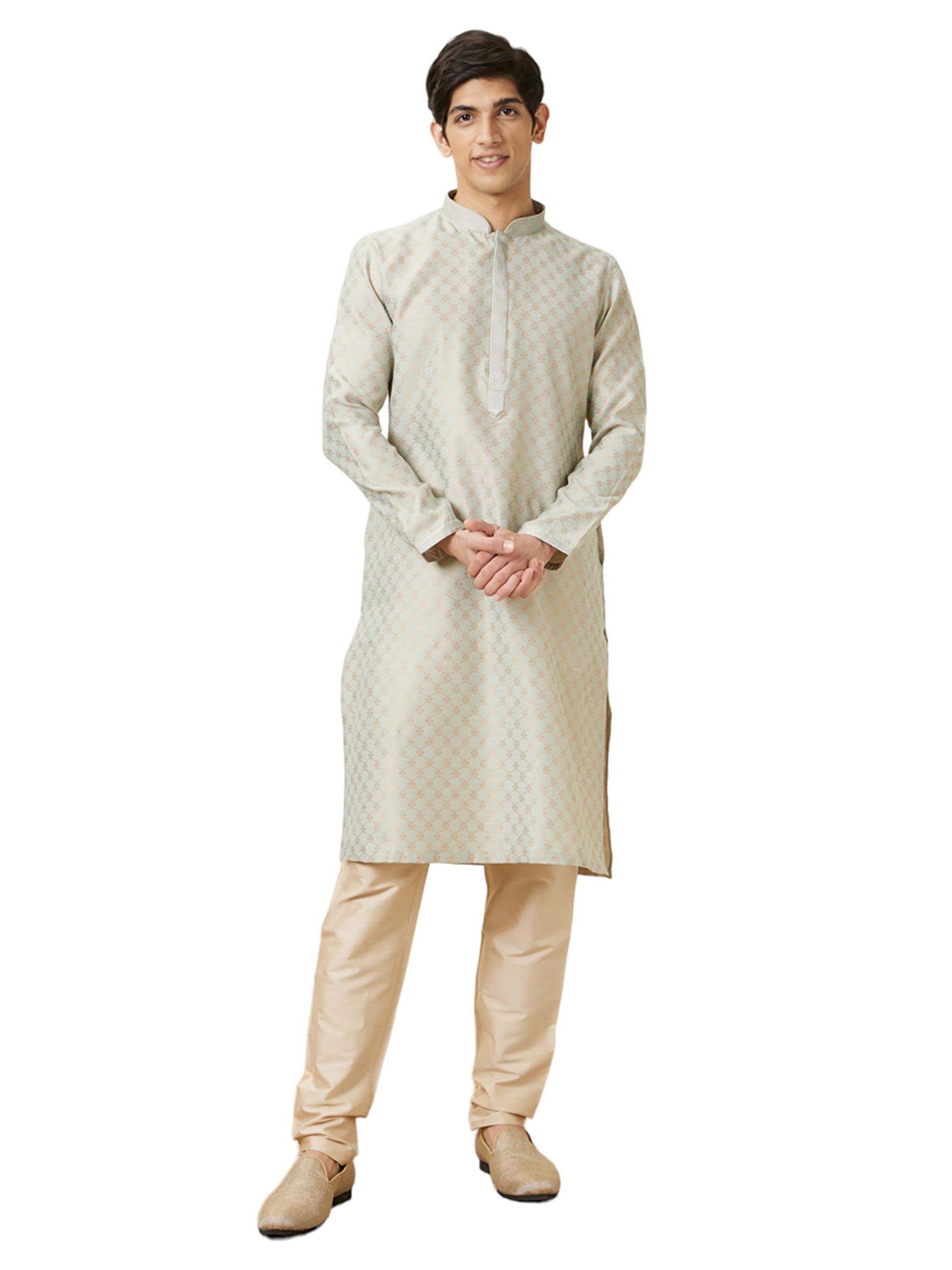 Manyavar Mens Art Silk Self Design Full Sleeves Knee Length Kurta Set (Pista, XXL)